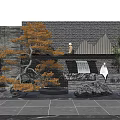 Oriental Scenic Feature Wall With Orange Pine Tree Waterfall And Stone Accents
