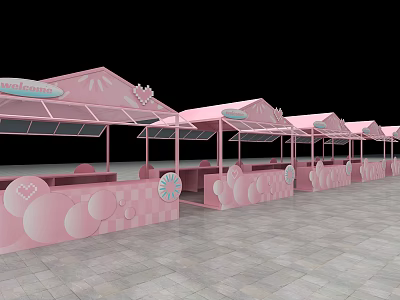 Row Of Pink Outdoor Decorative Pavilions With Multiple Stalls And Stone Floor 3d model