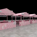 Row Of Pink Outdoor Decorative Pavilions With Multiple Stalls And Stone Floor