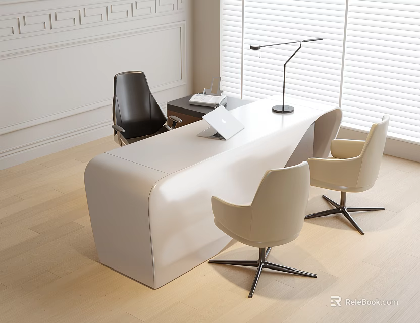 Modern Curved White Office Desk With Beige Black Chairs Desk Lamp And Window Blinds 3d model 