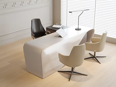 Modern Curved White Office Desk With Beige Black Chairs Desk Lamp And Window Blinds 3d model