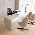 Modern Curved White Office Desk With Beige Black Chairs Desk Lamp And Window Blinds