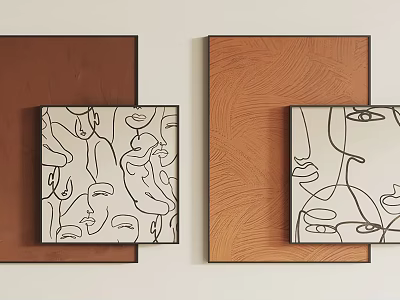 Abstract Paintings Four Piece Wall Art With Brown Beige Background And Line Figures 3d model