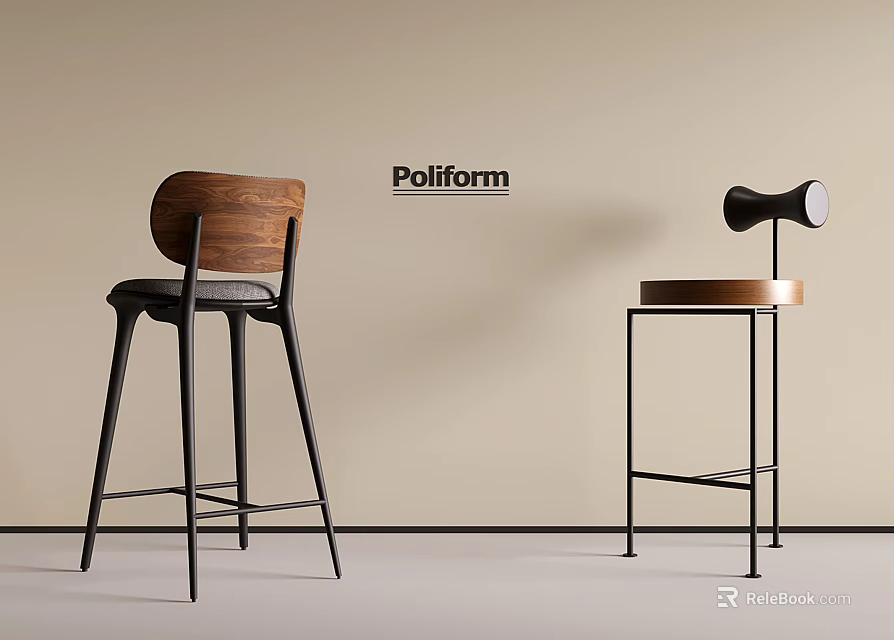 Poliform Modern Bar Stools With Walnut Seat And Black Metal Frame Design 3d model 