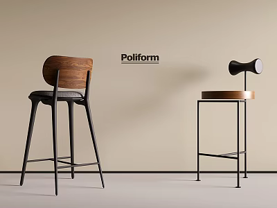 Poliform Modern Bar Stools With Walnut Seat And Black Metal Frame Design 3d model