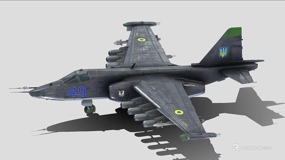 Gray Military Fighter Jet With Number 49 Ukrainian Insignia And Missile Launchers 3d model 