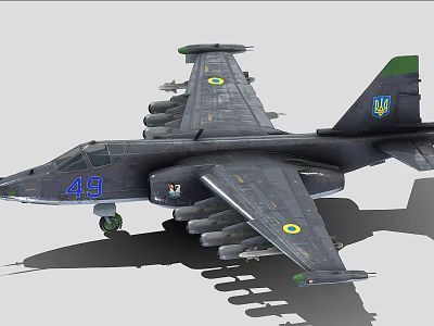 Gray Military Fighter Jet With Number 49 Ukrainian Insignia And Missile Launchers 3d model