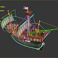 Wooden Sailing Ship with White and Green Striped Sails Yellow Flag and Detailed Wooden Structure