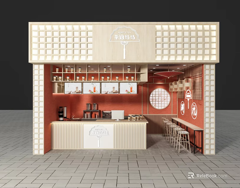 Modern Milk Tea Shop Interior With Wooden Grille Wall Red Counter Bar Stools And Logo 3d model 