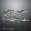 Five Turquoise And White Dolphins Against Gray Background With Reflections
