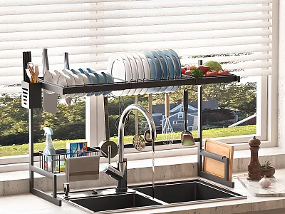 Modern Kitchen Sink Dish Rack With Plates Bowls Vegetables Faucet And Blinds 3d model