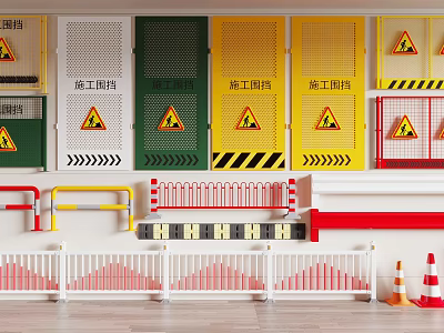 Construction Site Fences With Various Types And Safety Signs 3d model