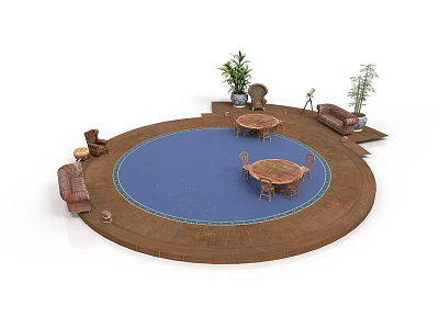 Circular Outdoor Patio Design with Wooden Platform Blue Flooring Tables Chairs Sofas and Plants 3d model
