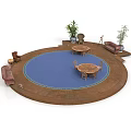 Circular Outdoor Patio Design with Wooden Platform Blue Flooring Tables Chairs Sofas and Plants