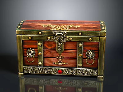 Vintage Wooden Chest With Brass Decorative Rivets Lock And Lion Handles 3d model