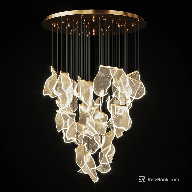 Modern Artistic Chandelier With Abstract Transparent Fragments And Bright Glowing Light 3d model 