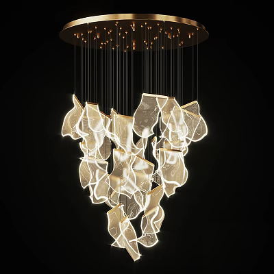 Modern Artistic Chandelier With Abstract Transparent Fragments And Bright Glowing Light 3d model
