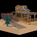 Cartoon Scene of Baxton Building with Train Tracks and Train Car on Sandy Ground