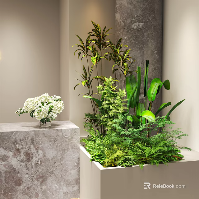 Indoor Flower And Plant Arrangement With White Blooms And Green Foliage On Marble Stand 3d model 