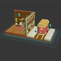 Miniature Wooden Building With Pink Tram And Steps On Wooden Floor