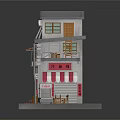 Miniature Two Story Asian Style Building With Balcony Striped Awning And Green Door