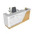 Modern Reception Desk With Marble Countertop Wooden Frame Black Chair Small Plant And Logo