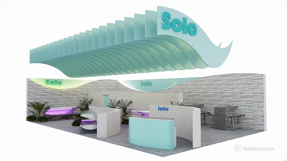 Solo Modern Exhibition Booth With Green Wave Shaped Ceiling Reception Counter Stone Wall And Plants 3d model 