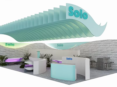 Solo Modern Exhibition Booth With Green Wave Shaped Ceiling Reception Counter Stone Wall And Plants 3d model