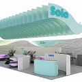 Solo Modern Exhibition Booth With Green Wave Shaped Ceiling Reception Counter Stone Wall And Plants