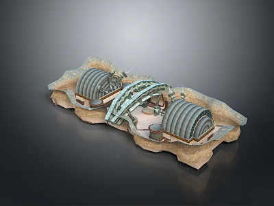 Scenic Mountainous Rocky Landscape With Cylindrical Tunnels And Arched Bridge 3d model