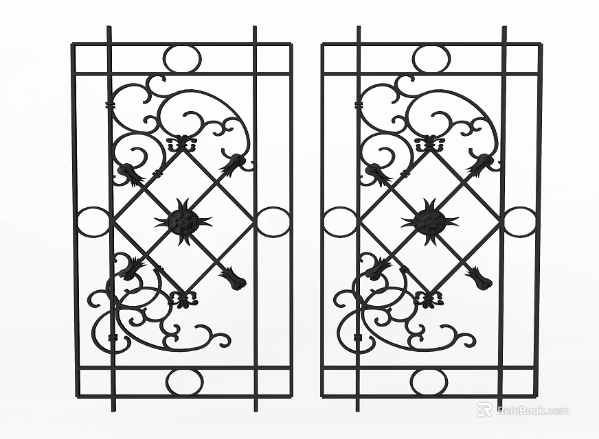 Wrought Iron Partition With Ornate Symmetrical Patterns Curved Scrolls And Star Center 3d model 