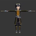 3D Game Movie Character With Short Hair Yellow Top Black Coat Outstretched Arms Waist Belt