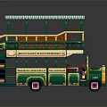 Green And Yellow Double Decker Bus Model With Striped Canopy And Upper Deck Seating