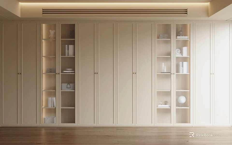 Modern Beige Built in Bookcase With Open Shelves And Decorative Ornaments 3d model 