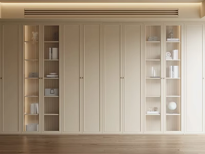 Modern Beige Built in Bookcase With Open Shelves And Decorative Ornaments 3d model