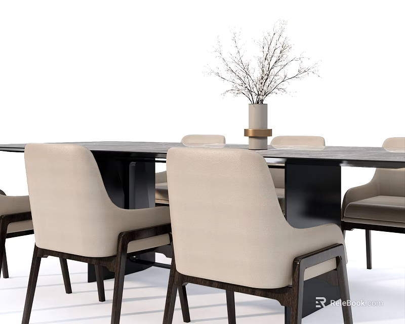 Minimalist Dining Table Set With Beige Chairs Dark Tabletop And Decorative Branches 3d model