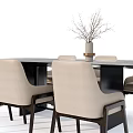 Minimalist Dining Table Set With Beige Chairs Dark Tabletop And Decorative Branches 3d model