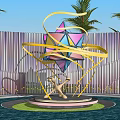 Colorful Geometric Sculpture With Golden Flowing Lines Human Figure Base And Palm Trees Water Feature