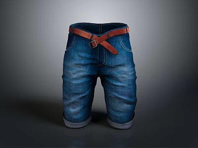 Stylish Blue Denim Shorts With Brown Leather Belt Cuffed Hem And Pockets 3d model Stylish Blue Denim Shorts With Brown Leather Belt Cuffed Hem And Pockets 3d model