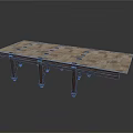 Rustic Long Table With Checkerboard Stone Top And Ornate Wooden Carved Legs