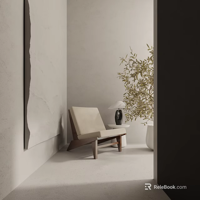 Beige Accent Chair With Wooden Frame And Table Lamp Near Bamboo Plant In Minimalist Room 3d model 