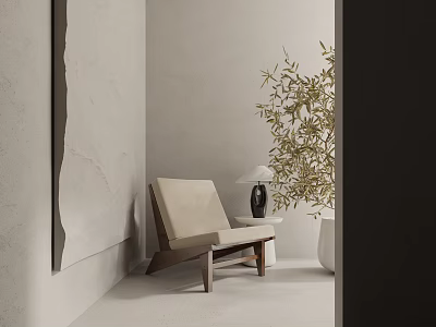 Beige Accent Chair With Wooden Frame And Table Lamp Near Bamboo Plant In Minimalist Room 3d model