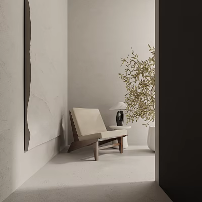 Beige Accent Chair With Wooden Frame And Table Lamp Near Bamboo Plant In Minimalist Room 3d model
