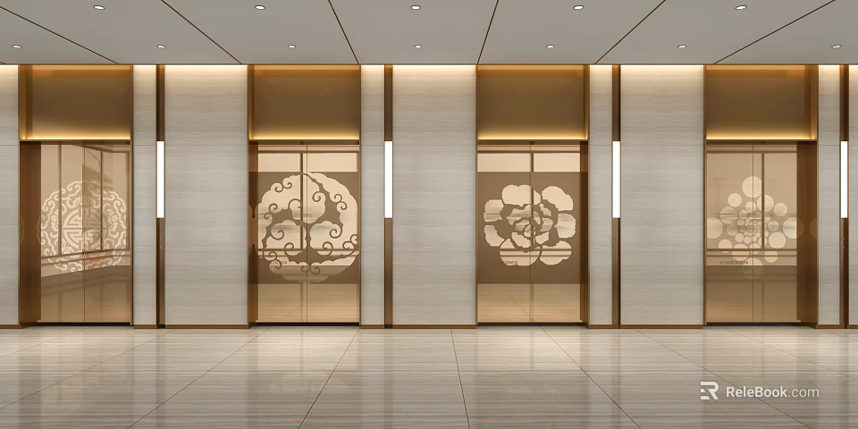 Elevator Lobby Interior With Decorative Doors Floral Patterns Light Walls Recessed Lighting Polished Tile Flooring 3d model 