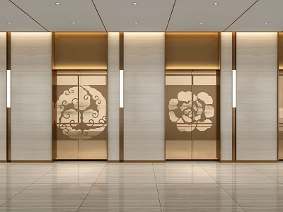 Elevator Lobby Interior With Decorative Doors Floral Patterns Light Walls Recessed Lighting Polished Tile Flooring 3d model
