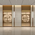 Elevator Lobby Interior With Decorative Doors Floral Patterns Light Walls Recessed Lighting Polished Tile Flooring