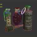 Collection of Military Weapons Featuring Grenade Smoke Bomb and Tactical Hammer