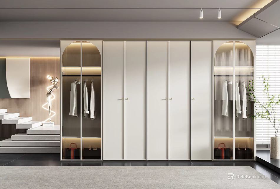 Modern Wardrobe Interior Design With Glass Doors Hanging Clothes And Integrated Lighting 3d model 