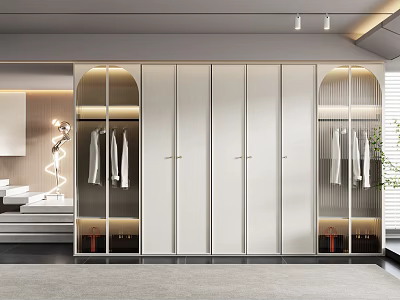 Modern Wardrobe Interior Design With Glass Doors Hanging Clothes And Integrated Lighting 3d model