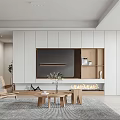 Elegant Modern Dining Living Room Interior With Round Wooden Table Woven Chairs And Marble Counter